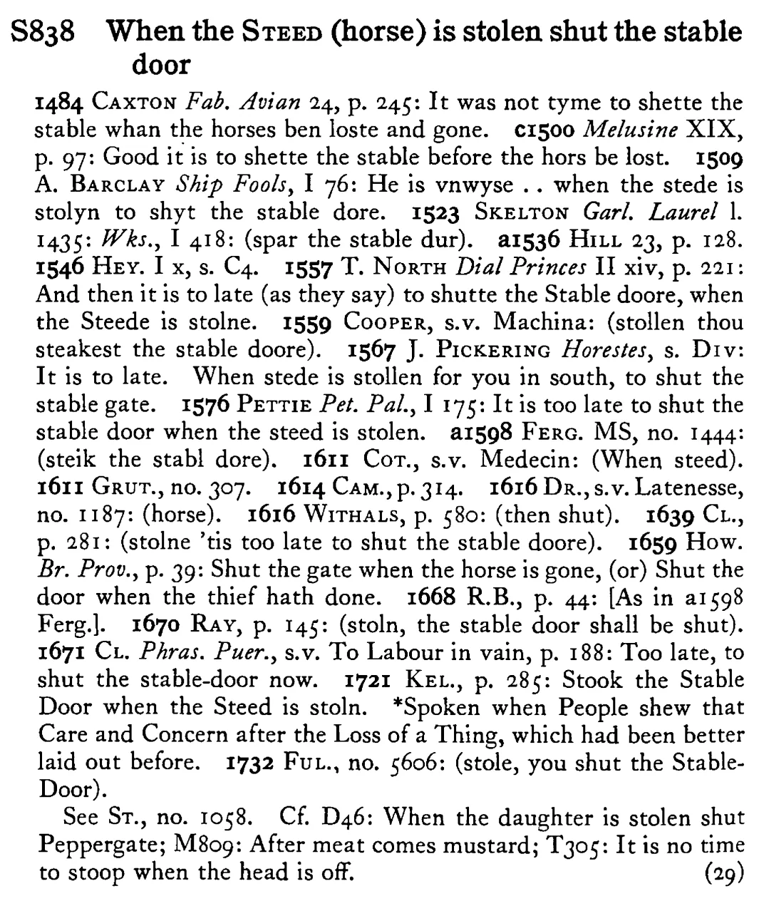 When the STEED (horse) is stolen shut the stable door - a scanned entry from Tilley's 1950 Dictionary of Proverbs.