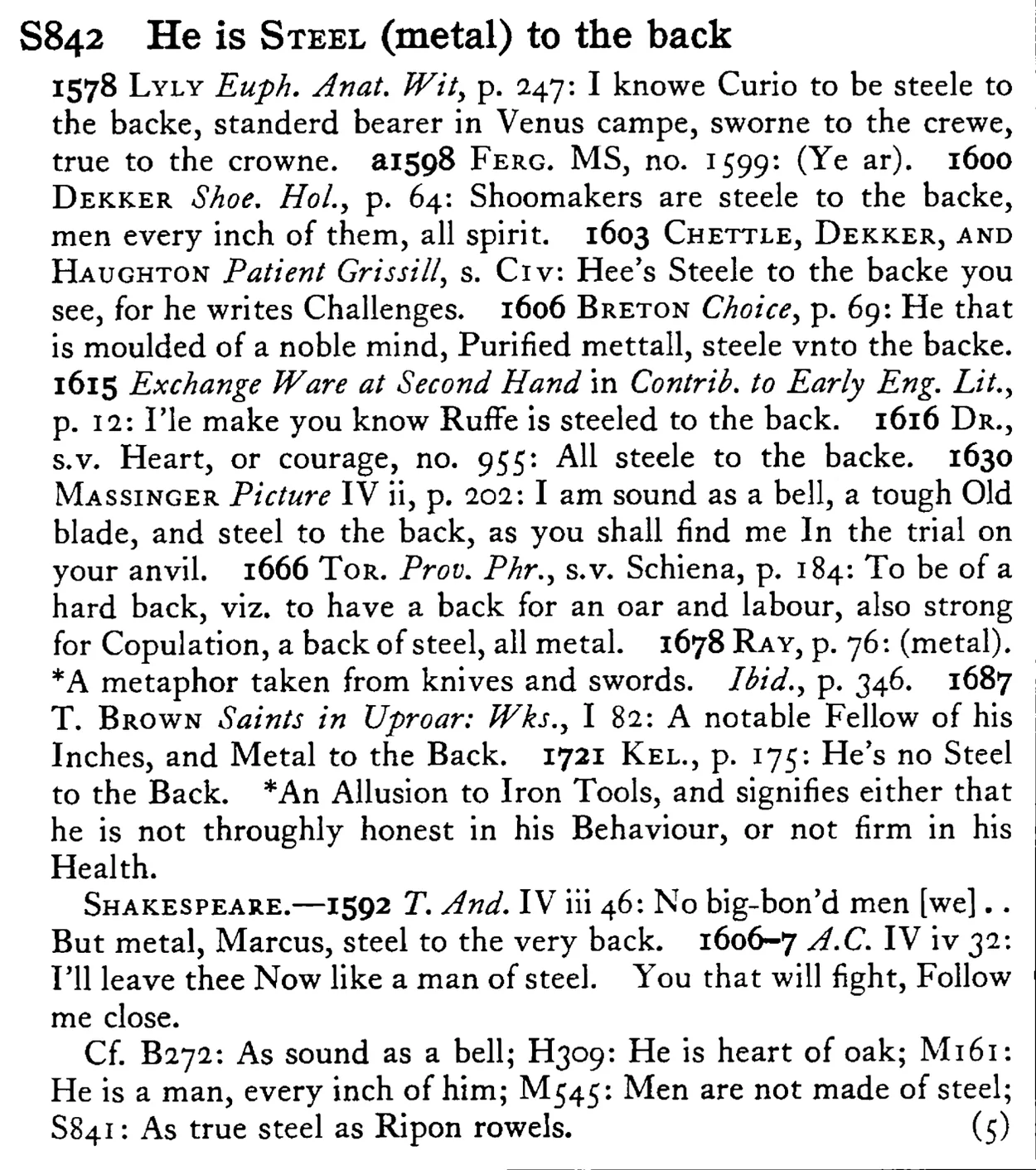 He is STEEL (metal) to the back - a scanned entry from Tilley's 1950 Dictionary of Proverbs.