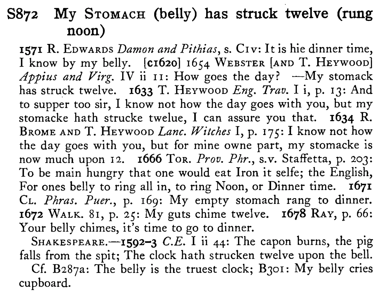 My STOMACH (belly) has struck twelve (rung noon) - a scanned entry from Tilley's 1950 Dictionary of Proverbs.