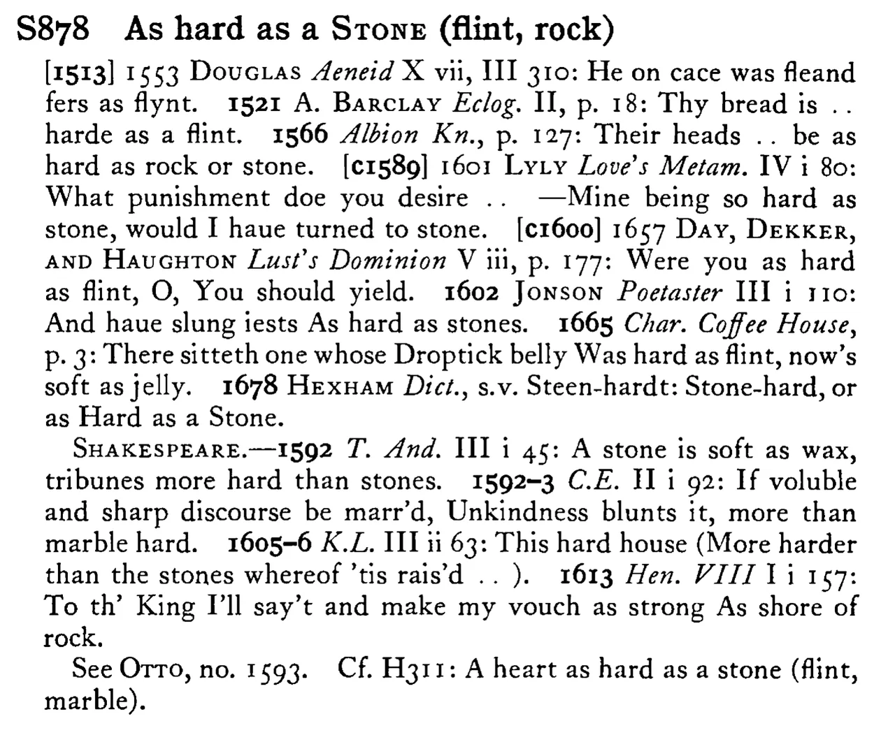 As hard as a STONE (flint, rock) - a scanned entry from Tilley's 1950 Dictionary of Proverbs.
