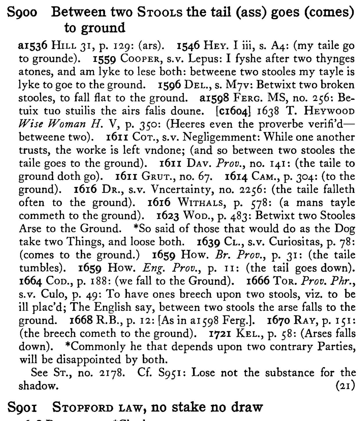 Between two STOOLS the tail (ass) goes (comes) to ground - a scanned entry from Tilley's 1950 Dictionary of Proverbs.