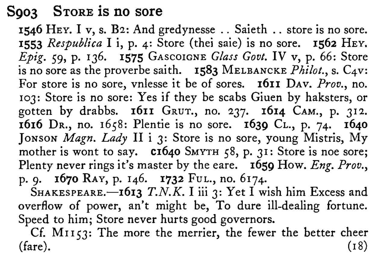 STORE is no sore - a scanned entry from Tilley's 1950 Dictionary of Proverbs.