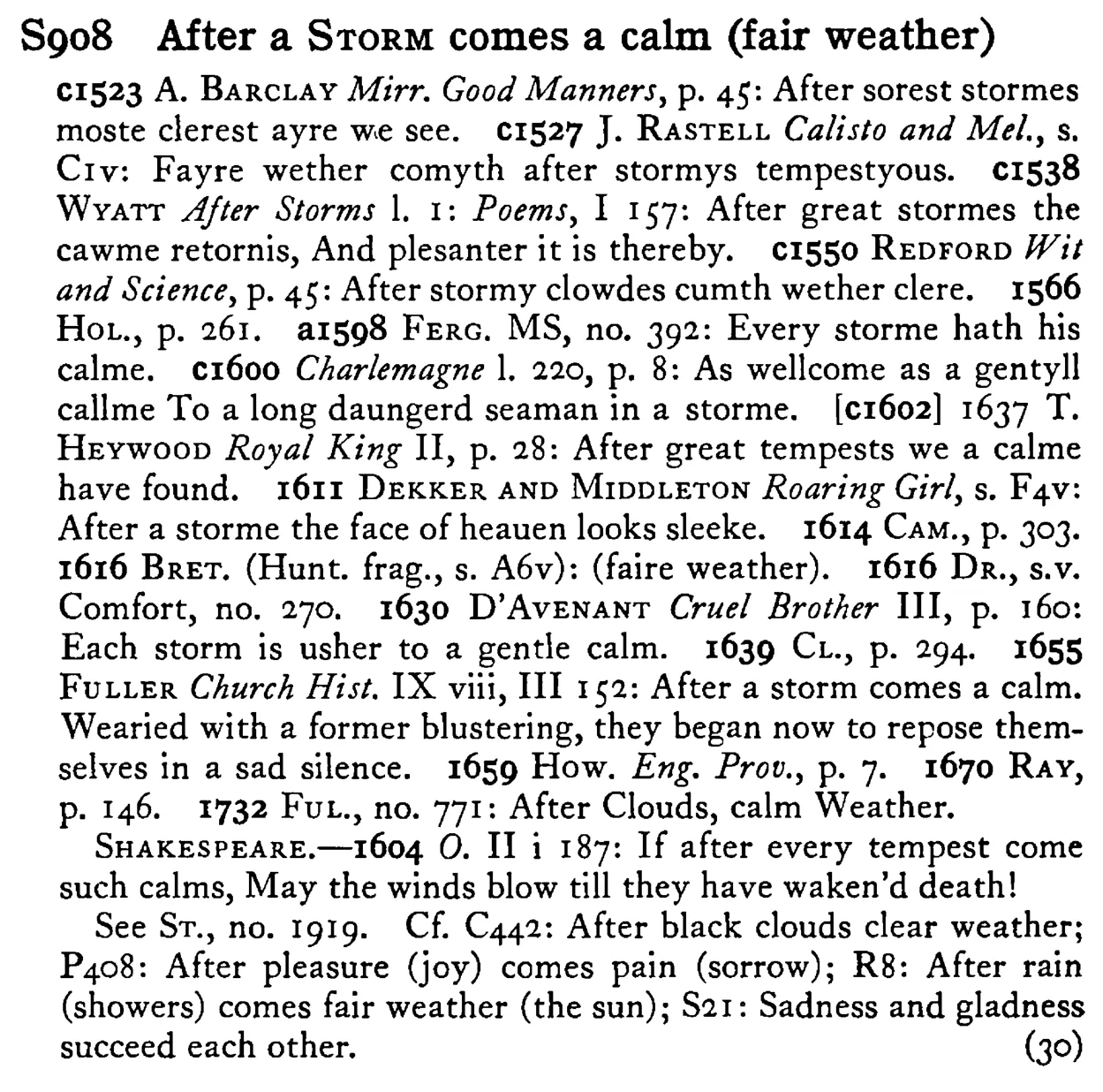 After a STORM comes a calm (fair weather) - a scanned entry from Tilley's 1950 Dictionary of Proverbs.