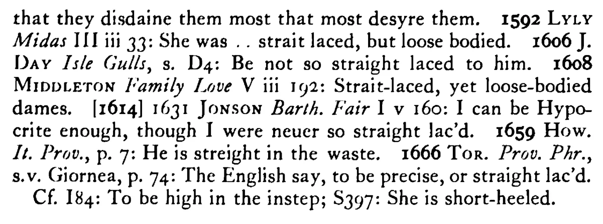 To be STRAIT-LACED - a scanned entry from Tilley's 1950 Dictionary of Proverbs. (continuation)