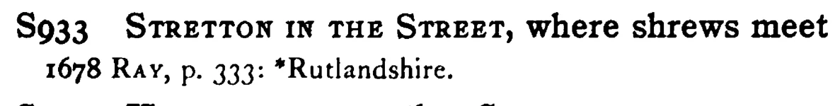 STRETTON IN THE STREET, where shrews meet - a scanned entry from Tilley's 1950 Dictionary of Proverbs.