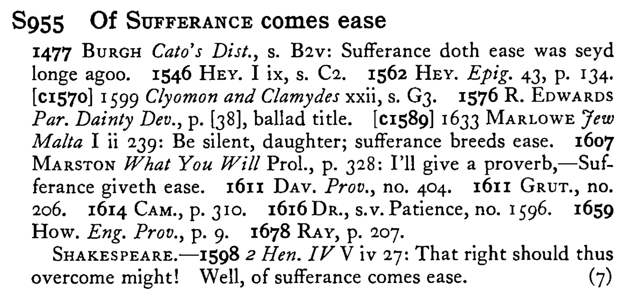 Of SUFFERANCE comes ease - a scanned entry from Tilley's 1950 Dictionary of Proverbs.