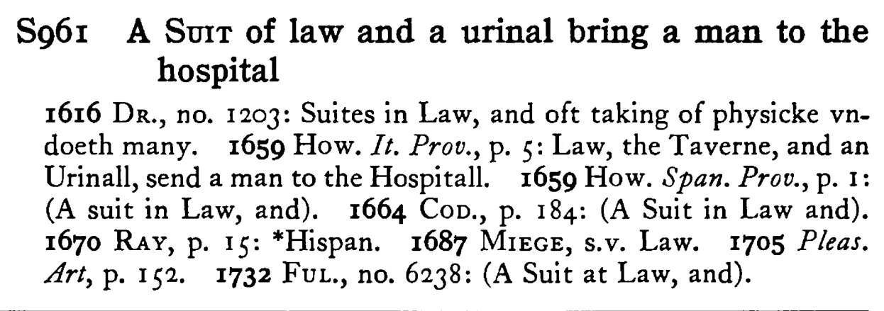 A SUIT of law and a urinal bring a man to the hospital - a scanned entry from Tilley's 1950 Dictionary of Proverbs.