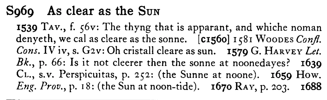 As clear as the SUN - a scanned entry from Tilley's 1950 Dictionary of Proverbs.