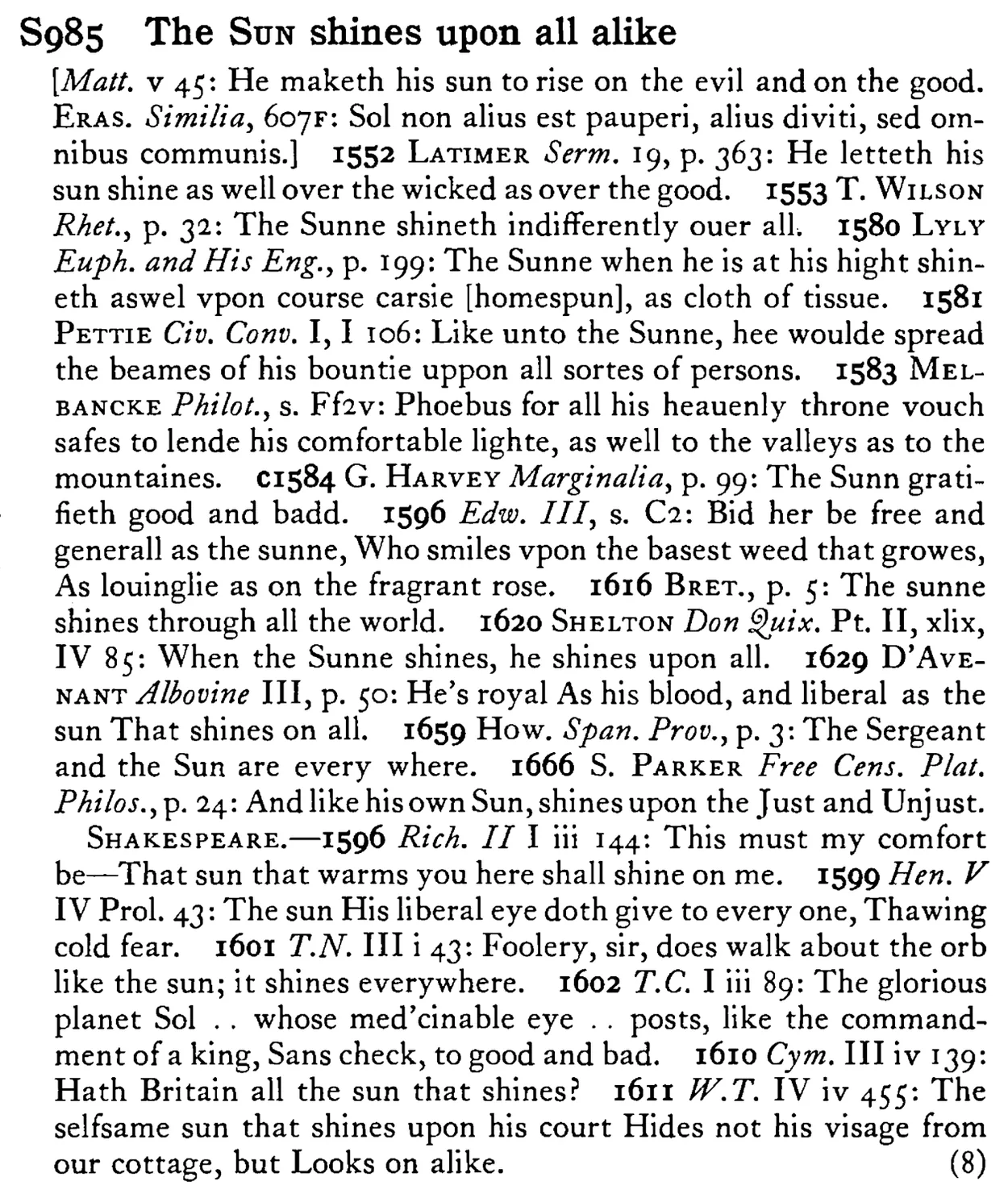 The SUN shines upon all alike - a scanned entry from Tilley's 1950 Dictionary of Proverbs.