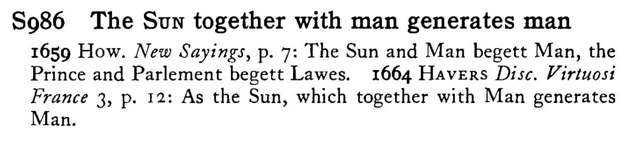 The SUN together with man generates man - a scanned entry from Tilley's 1950 Dictionary of Proverbs.