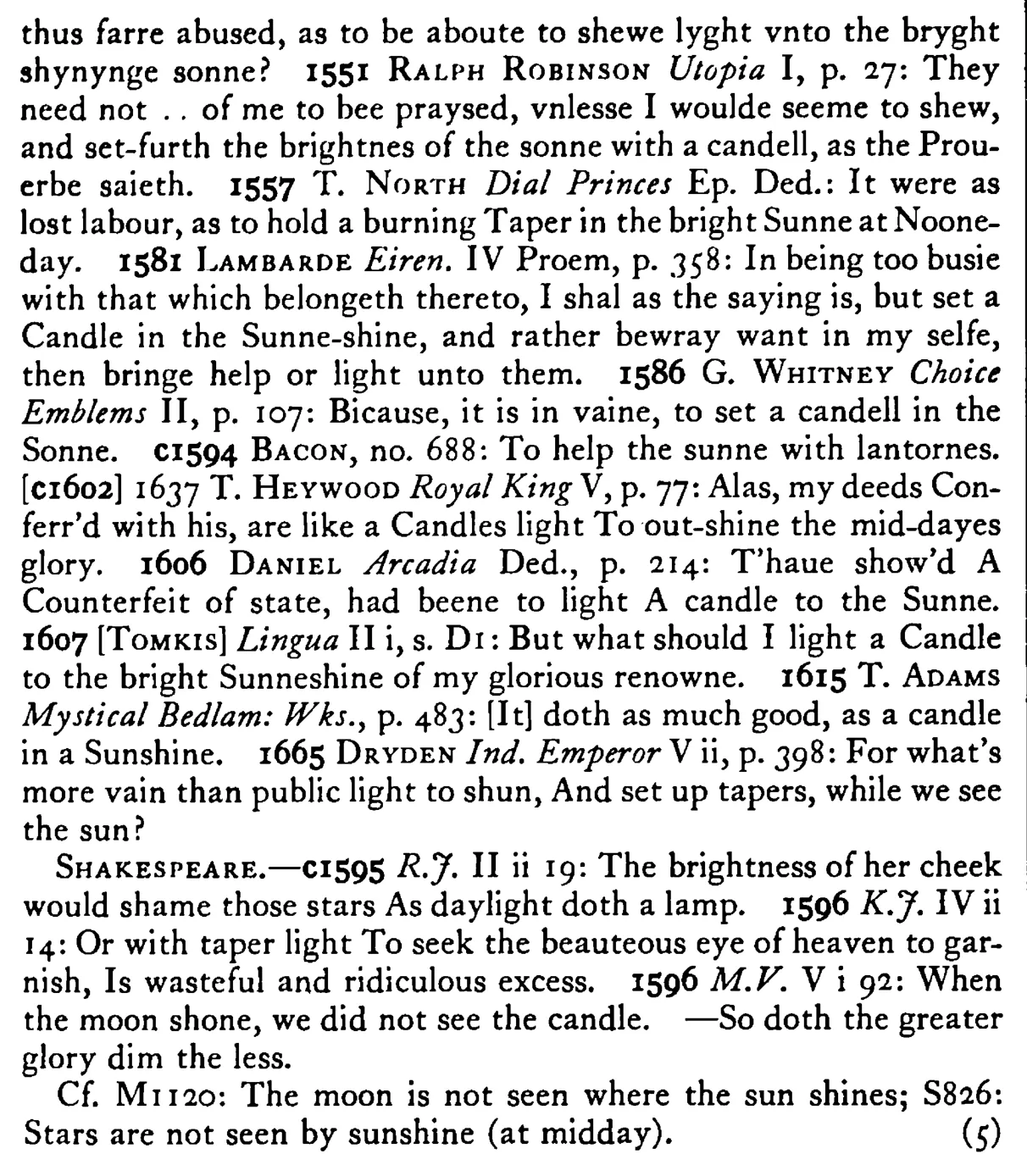 To set forth the SUN with a candle (lantern, taper) - a scanned entry from Tilley's 1950 Dictionary of Proverbs. (continuation)