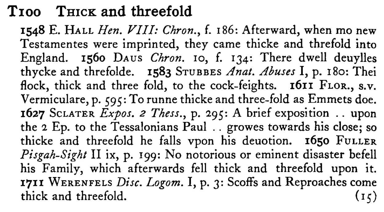 THICK and threefold - a scanned entry from Tilley's 1950 Dictionary of Proverbs.