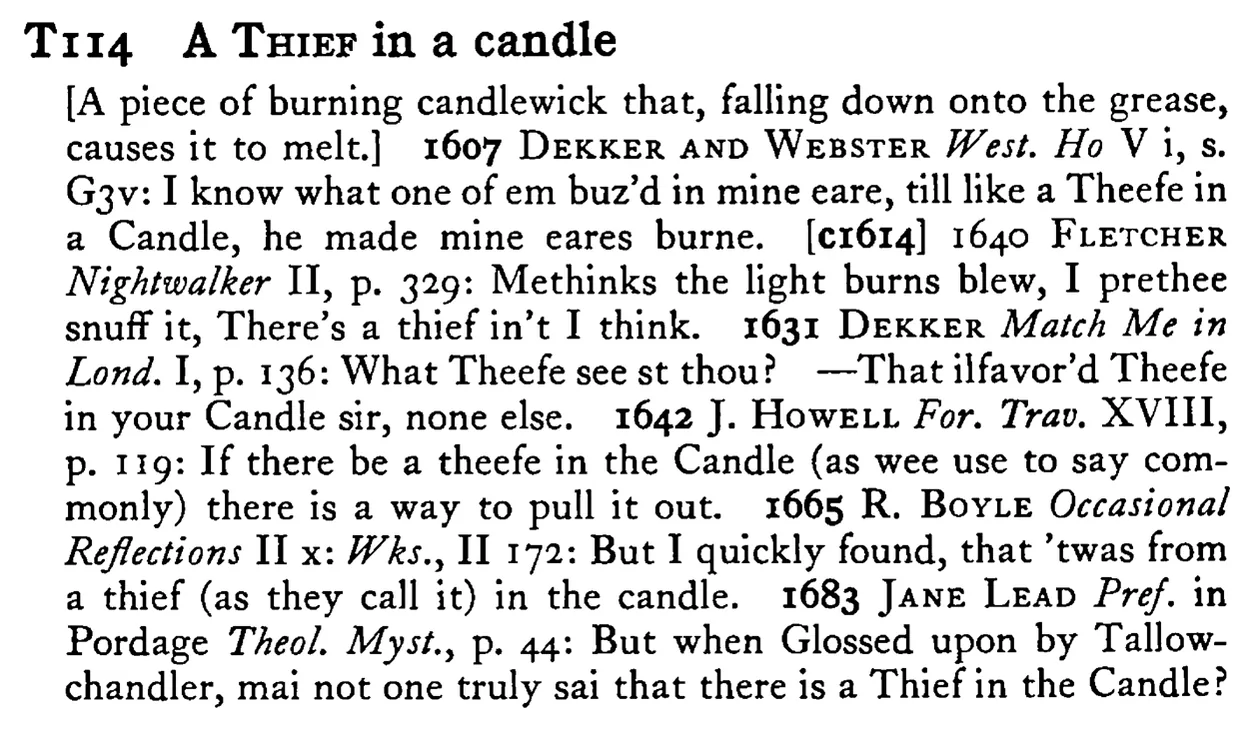 A THIEF in a candle - a scanned entry from Tilley's 1950 Dictionary of Proverbs.