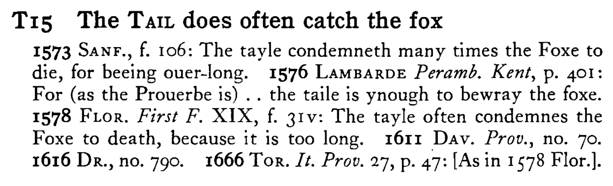 The TAIL does often catch the fox - a scanned entry from Tilley's 1950 Dictionary of Proverbs.