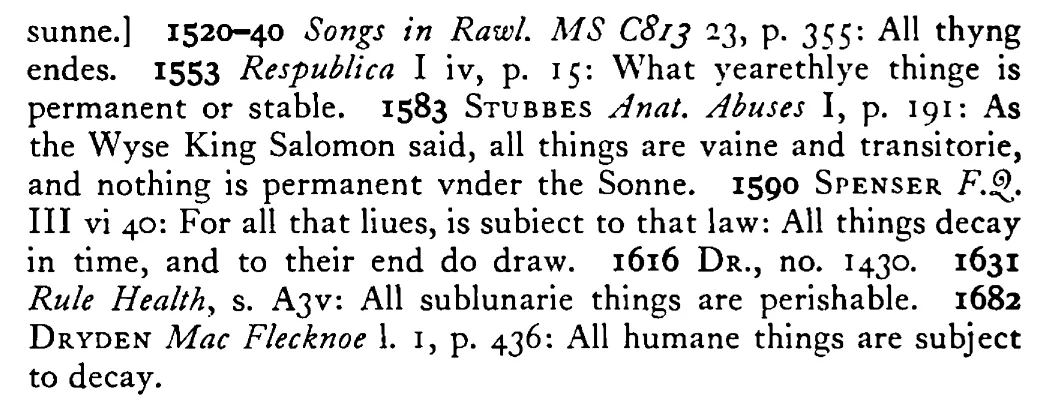 All worldly THINGS are transitory - a scanned entry from Tilley's 1950 Dictionary of Proverbs. (continuation)