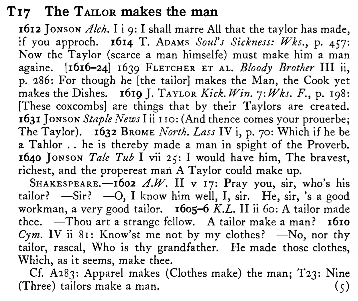 The TAILOR makes the man - a scanned entry from Tilley's 1950 Dictionary of Proverbs.