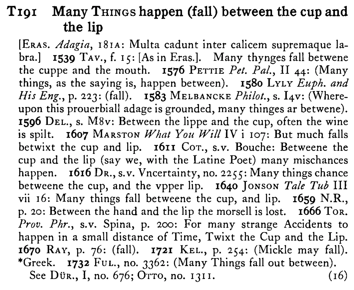 Many THINGS happen (fall) between the cup and the lip - a scanned entry from Tilley's 1950 Dictionary of Proverbs.