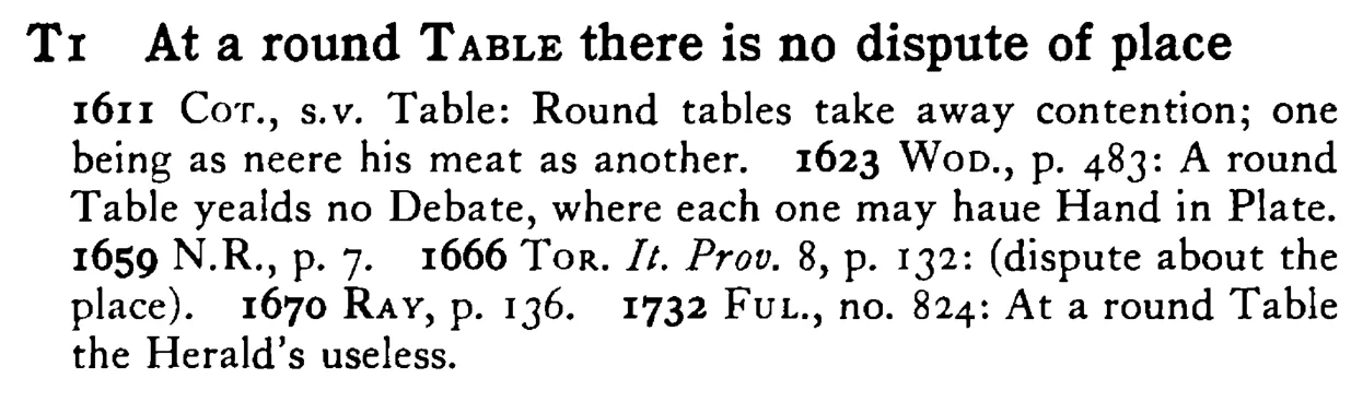 At a round TABLE there is no dispute of place - a scanned entry from Tilley's 1950 Dictionary of Proverbs.