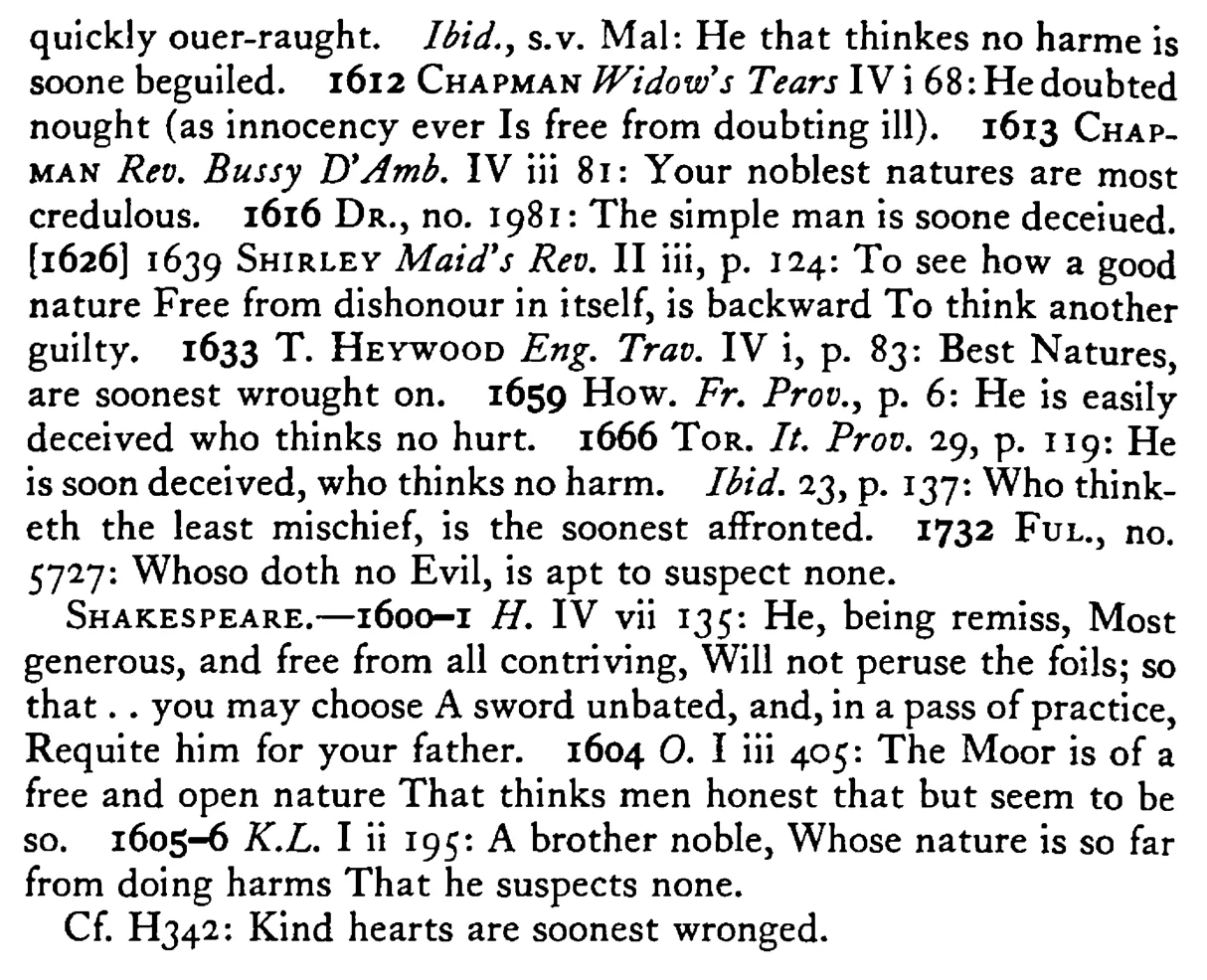 They that THINK none ill are soonest beguiled (They that do no harm suspect none) - a scanned entry from Tilley's 1950 Dictionary of Proverbs. (continuation)