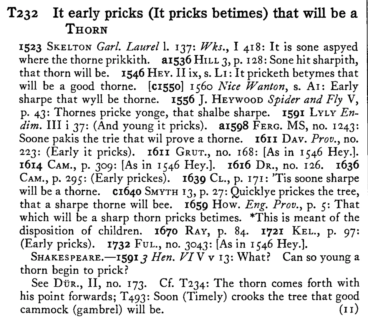 It early pricks (It pricks betimes) that will be a THORN - a scanned entry from Tilley's 1950 Dictionary of Proverbs.
