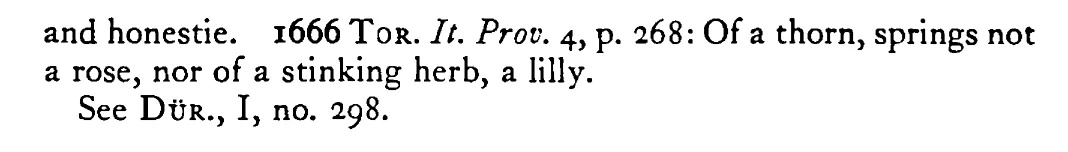 Of a THORN springs not a rose - a scanned entry from Tilley's 1950 Dictionary of Proverbs. (continuation)