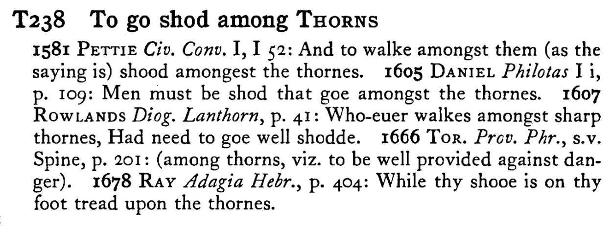 To go shod among THORNS - a scanned entry from Tilley's 1950 Dictionary of Proverbs.
