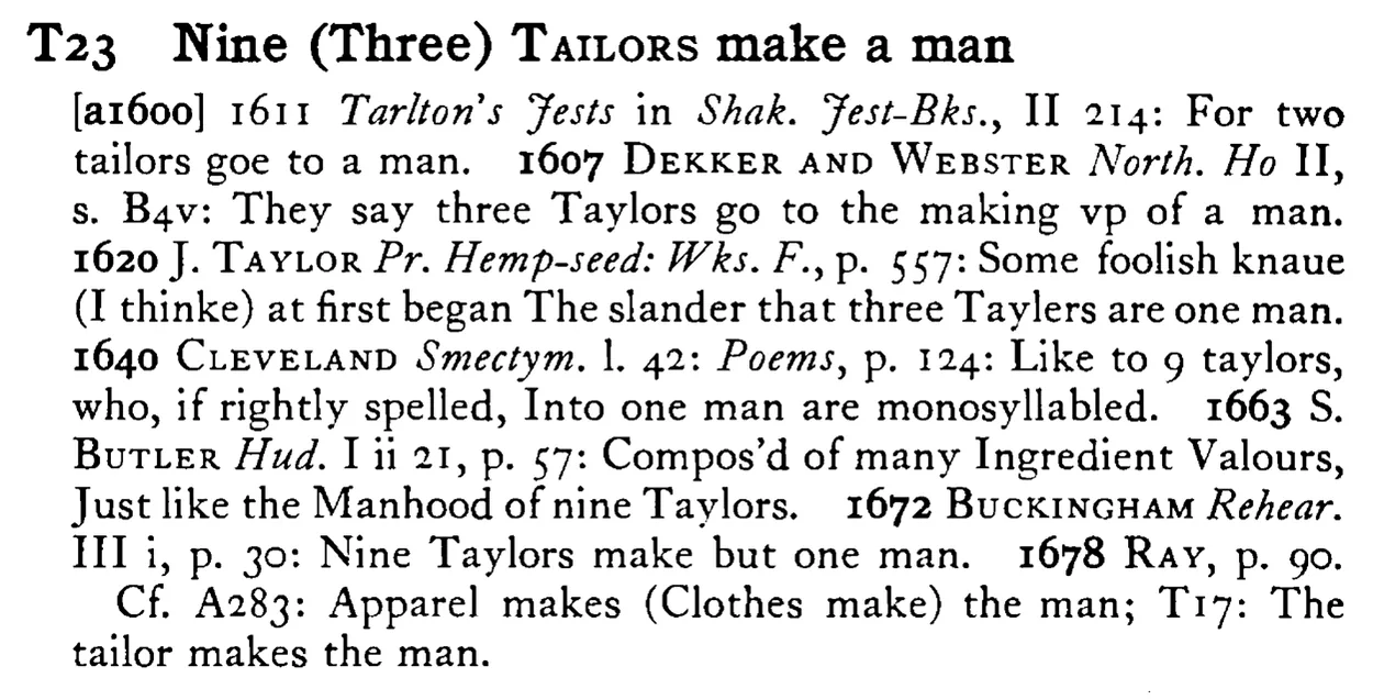 Nine (Three) TAILORS make a man - a scanned entry from Tilley's 1950 Dictionary of Proverbs.