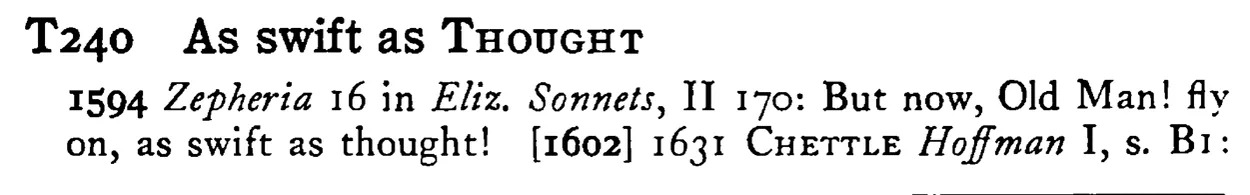 As swift as THOUGHT - a scanned entry from Tilley's 1950 Dictionary of Proverbs.