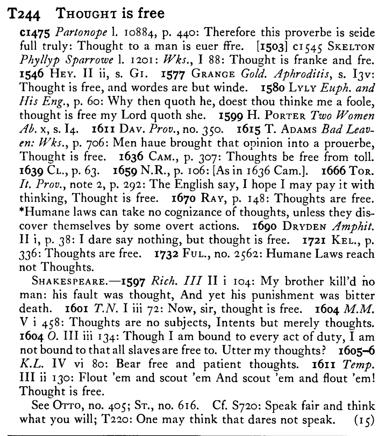 THOUGHT is free - a scanned entry from Tilley's 1950 Dictionary of Proverbs.