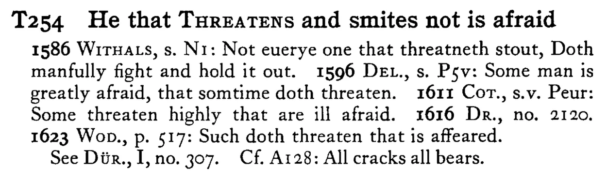 He that THREATENS and smites not is afraid - a scanned entry from Tilley's 1950 Dictionary of Proverbs.