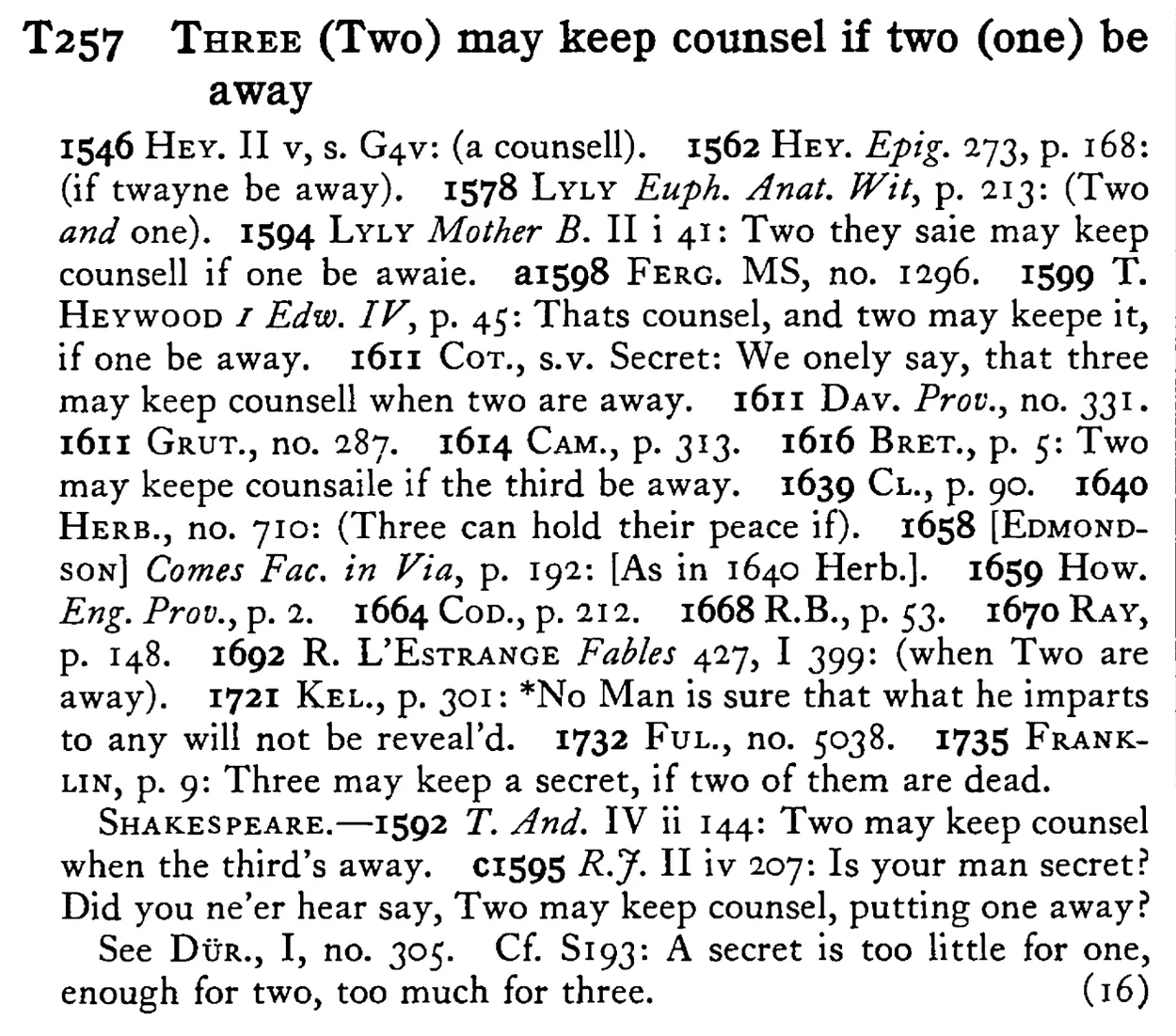 THREE (Two) may keep counsel if two (one) be away - a scanned entry from Tilley's 1950 Dictionary of Proverbs.