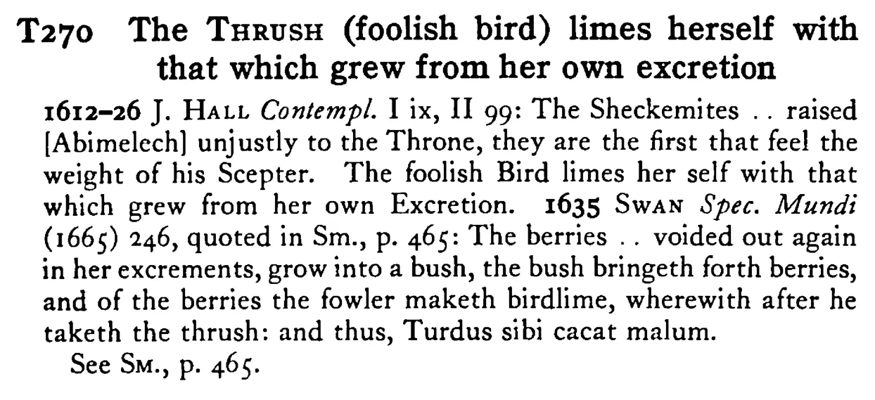 The THRUSH (foolish bird) limes herself with that which grew from her own excretion - a scanned entry from Tilley's 1950 Dictionary of Proverbs.