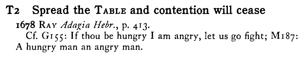 Spread the TABLE and contention will cease - a scanned entry from Tilley's 1950 Dictionary of Proverbs.