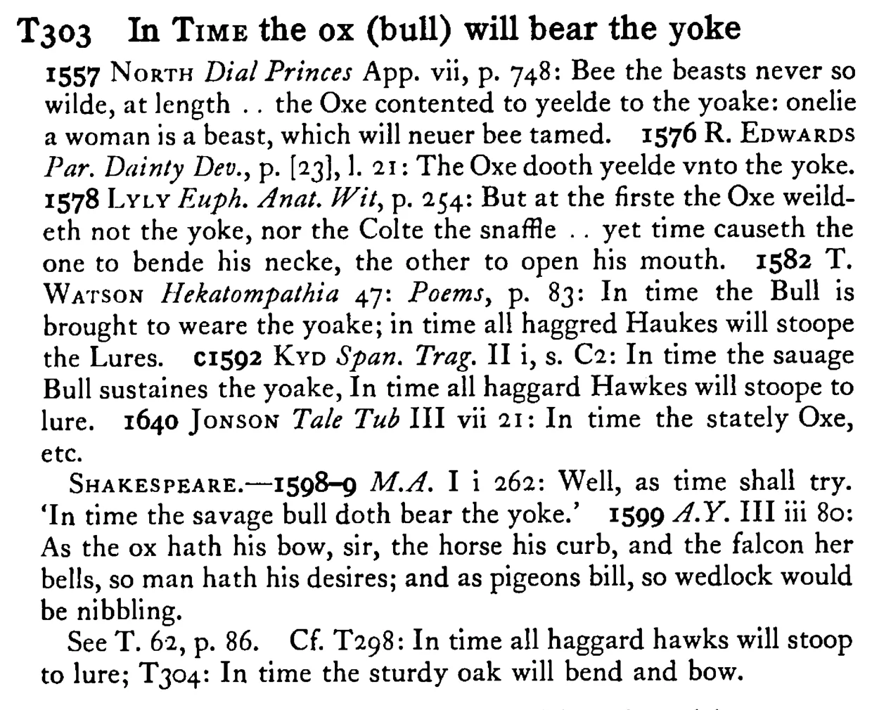 In TIME the ox (bull) will bear the yoke - a scanned entry from Tilley's 1950 Dictionary of Proverbs.
