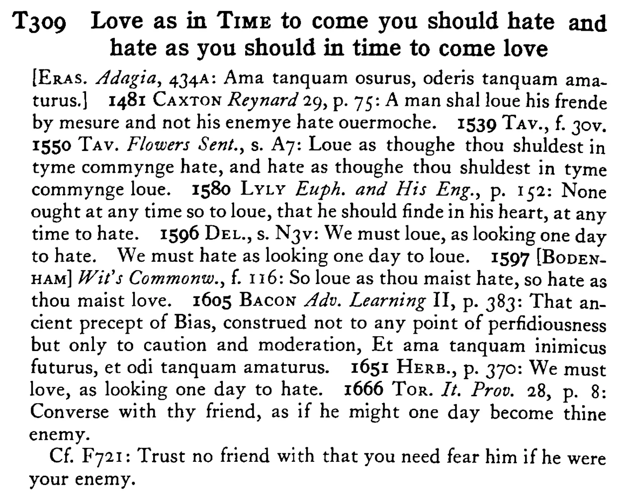Love as in TIME to come you should hate and hate as you should in time to come love - a scanned entry from Tilley's 1950 Dictionary of Proverbs.