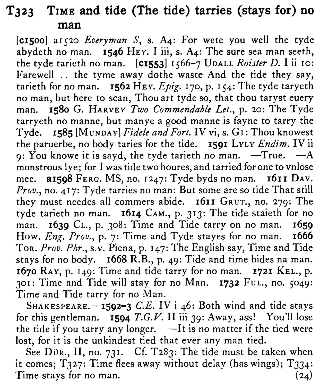 TIME and tide (The tide) tarries (stays for) no man - a scanned entry from Tilley's 1950 Dictionary of Proverbs.