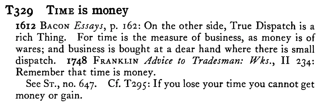 TIME is money - a scanned entry from Tilley's 1950 Dictionary of Proverbs.