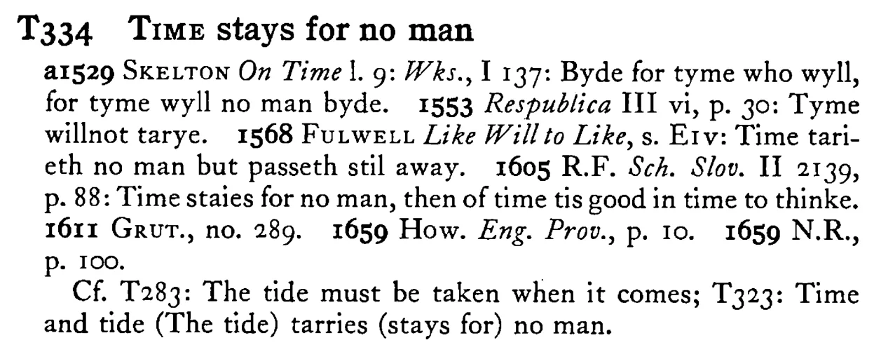 TIME stays for no man - a scanned entry from Tilley's 1950 Dictionary of Proverbs.