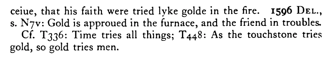 TIME tries friends as fire tries gold - a scanned entry from Tilley's 1950 Dictionary of Proverbs. (continuation)