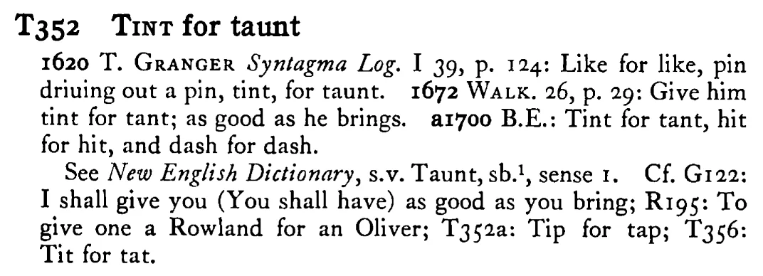 TINT for taunt - a scanned entry from Tilley's 1950 Dictionary of Proverbs.