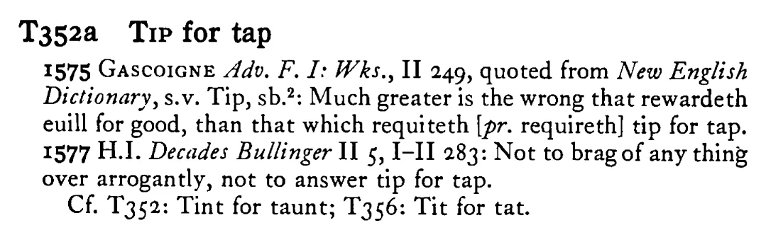 TIP for tap - a scanned entry from Tilley's 1950 Dictionary of Proverbs.