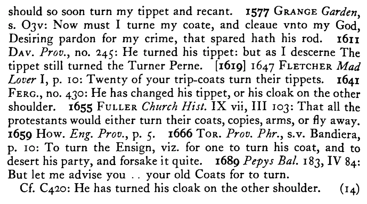 He has turned his TIPPET (coat) - a scanned entry from Tilley's 1950 Dictionary of Proverbs. (continuation)
