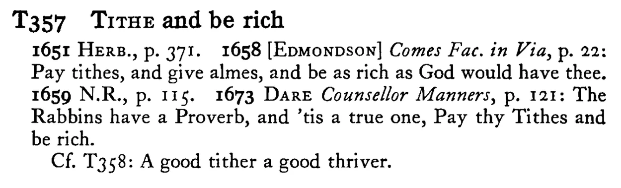 TITHE and be rich - a scanned entry from Tilley's 1950 Dictionary of Proverbs.