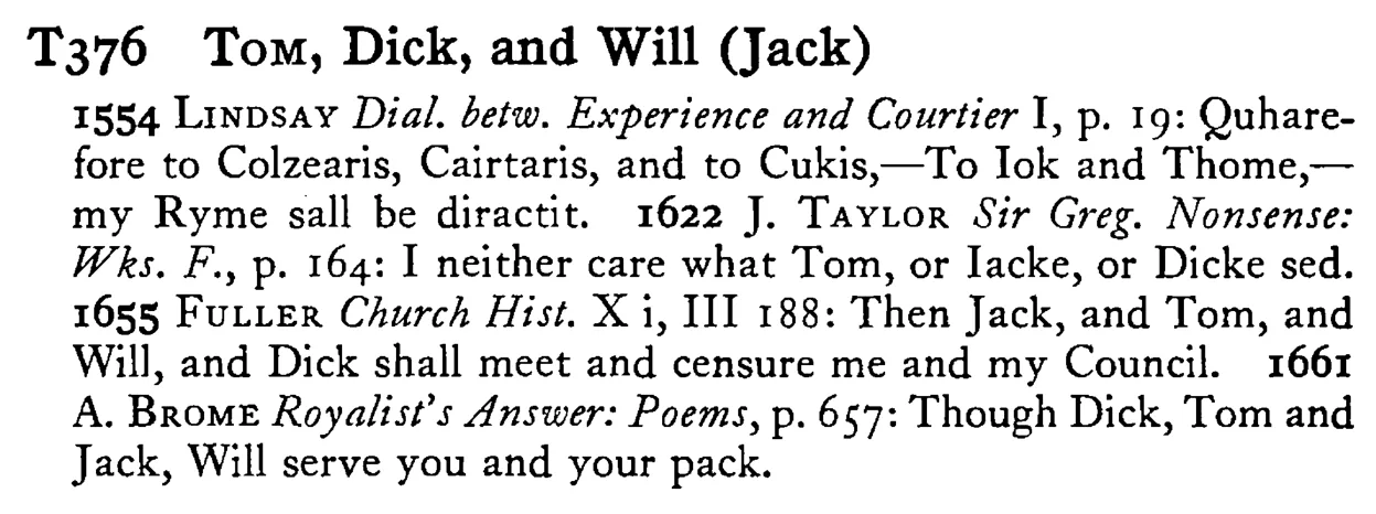 TOM, Dick, and Will (Jack) - a scanned entry from Tilley's 1950 Dictionary of Proverbs.