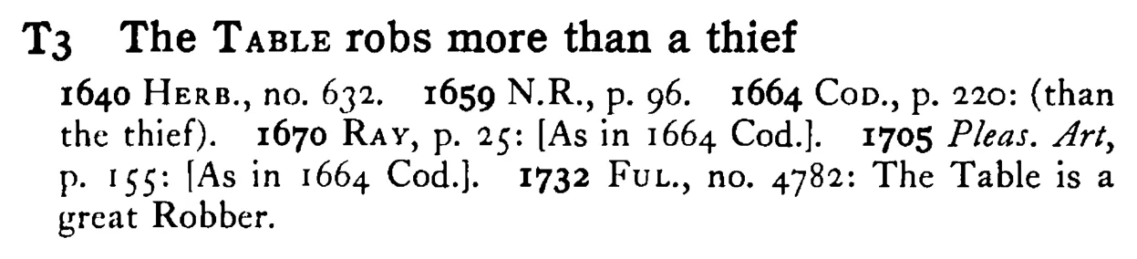 The TABLE robs more than a thief - a scanned entry from Tilley's 1950 Dictionary of Proverbs.