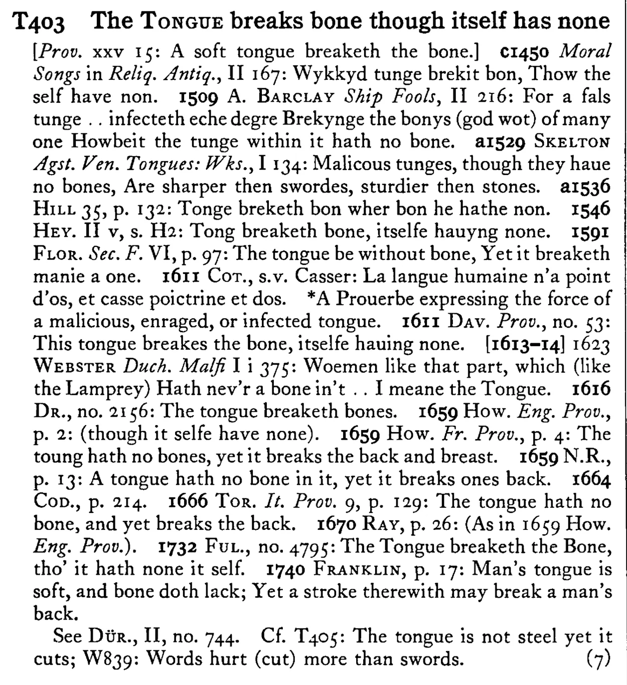 The TONGUE breaks bone though itself has none - a scanned entry from Tilley's 1950 Dictionary of Proverbs.