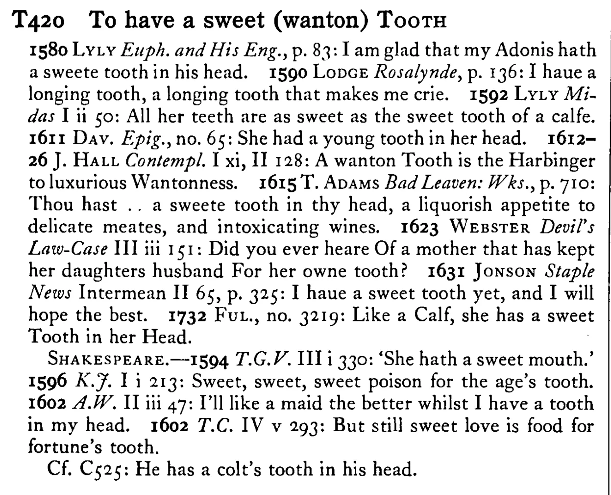 To have a sweet (wanton) TOOTH - a scanned entry from Tilley's 1950 Dictionary of Proverbs.