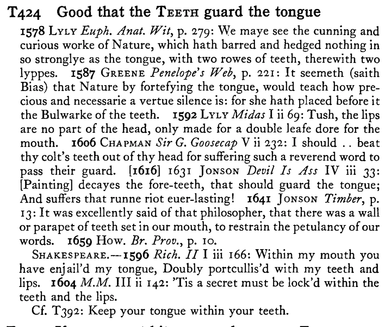 Good that the TEETH guard the tongue - a scanned entry from Tilley's 1950 Dictionary of Proverbs.
