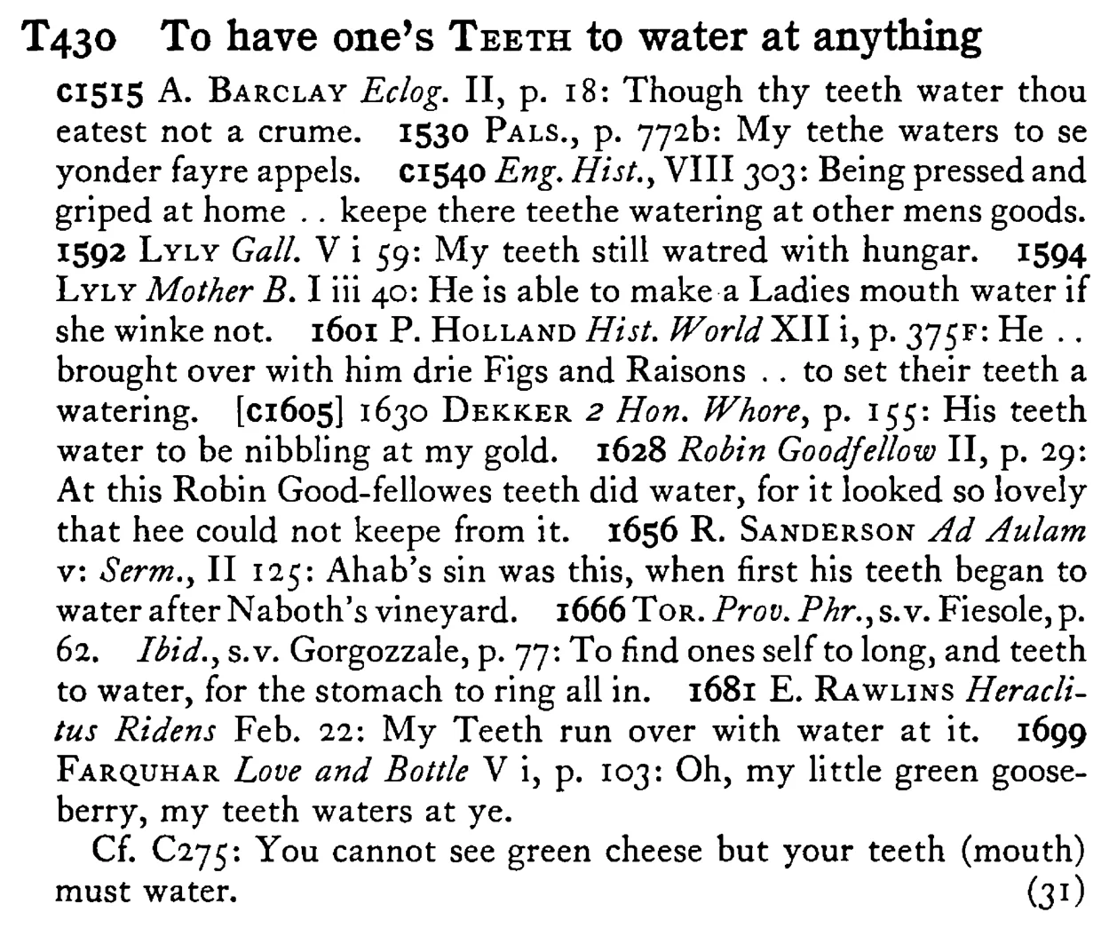 To have one's TEETH to water at anything - a scanned entry from Tilley's 1950 Dictionary of Proverbs.