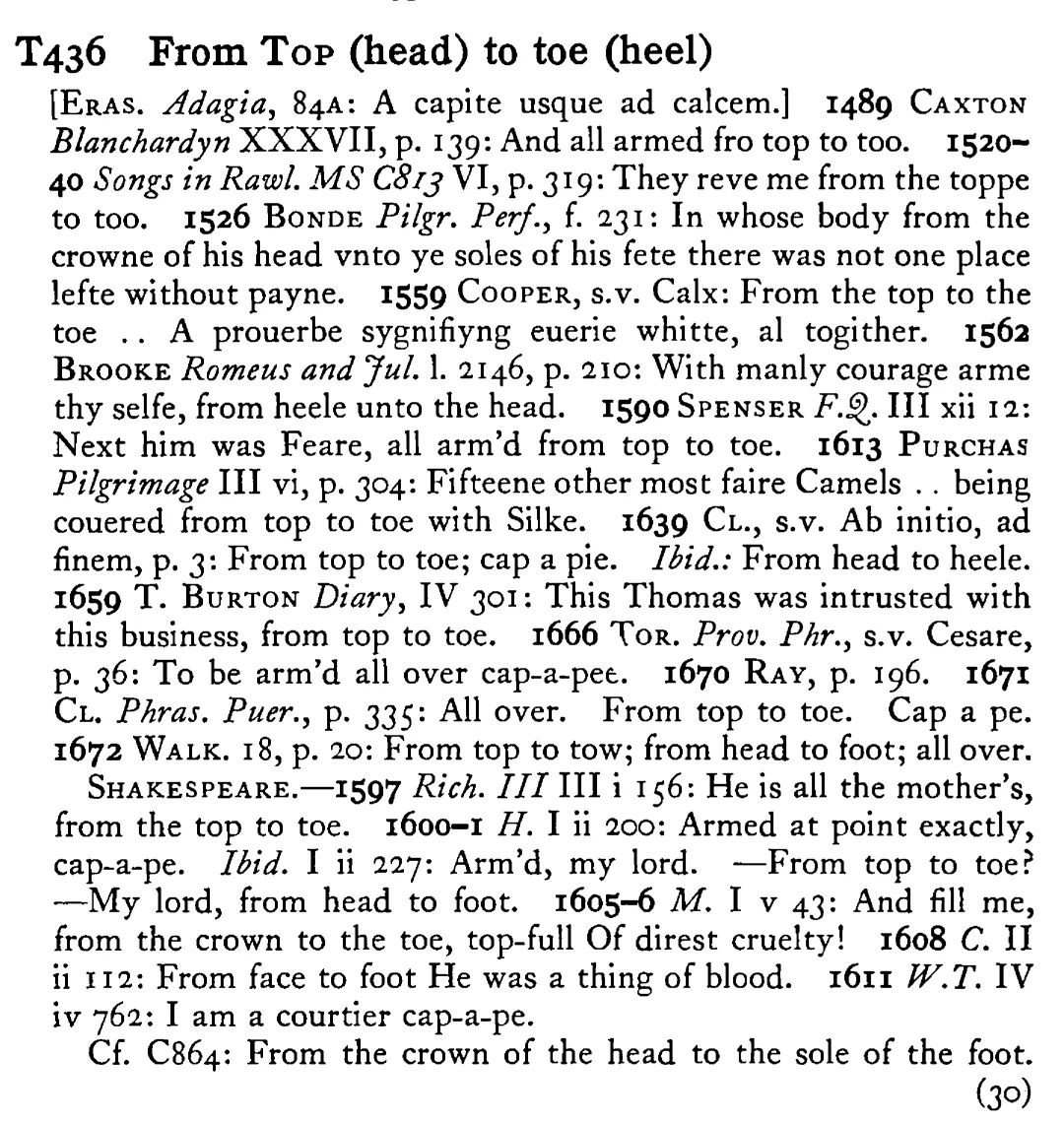 From TOP (head) to toe (heel) - a scanned entry from Tilley's 1950 Dictionary of Proverbs.